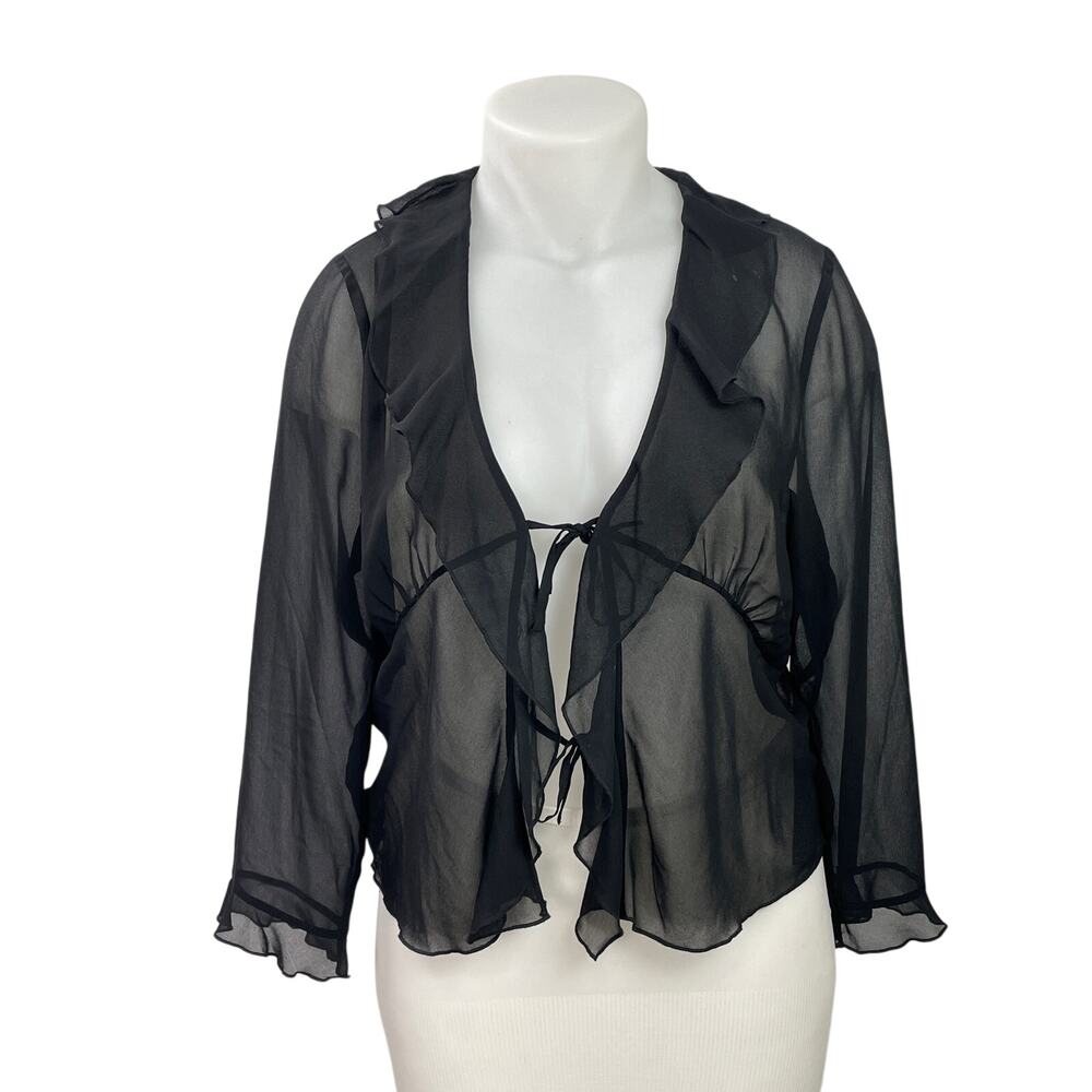 Aritzia Wilfred Black Long Sleeve Chiffon Sheer Ruffles Tie Front Blouse Top XL